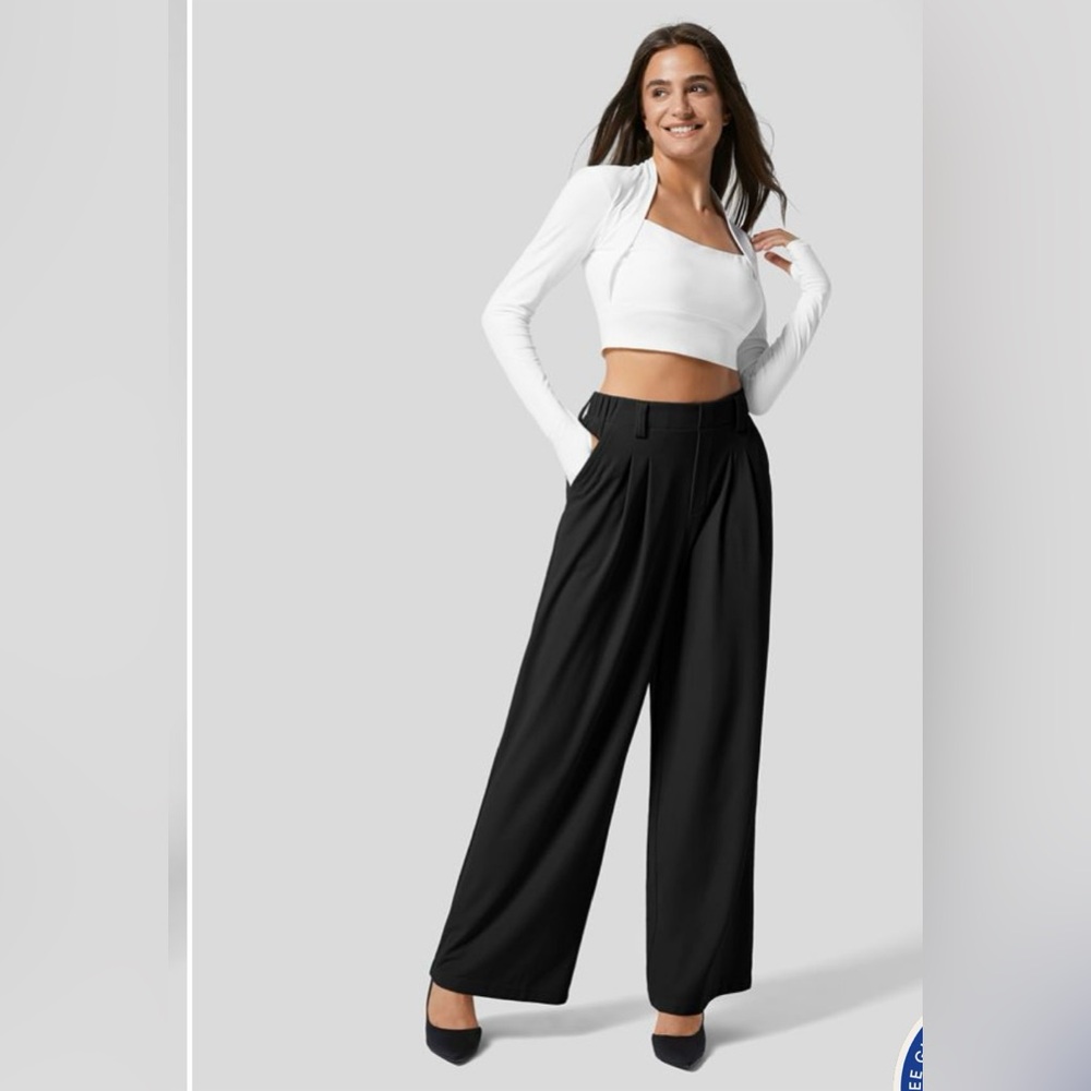 High Waisted Plicated Side Pocket Wide Leg Waffle Work Pants